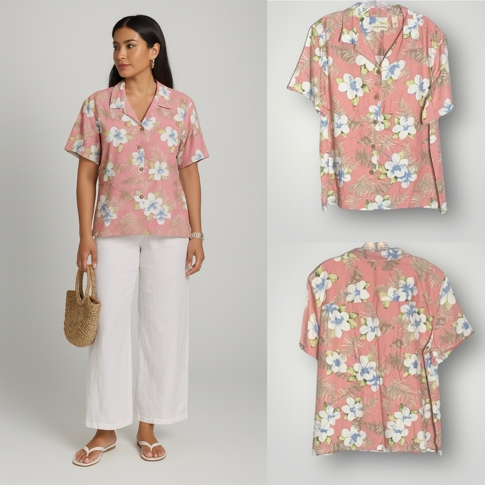Marsh Landing Floral Top Size XL Short Sleeve Button Up V Neck Pink EUC